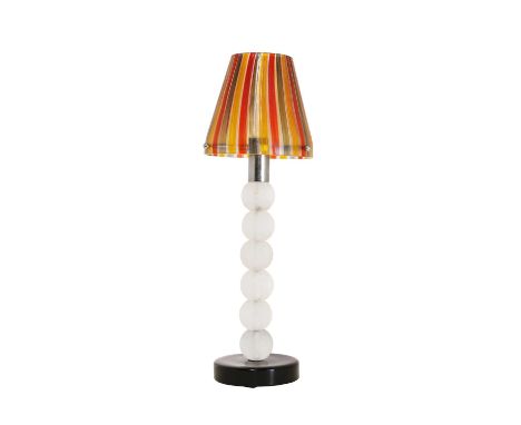 A Cenedese Murano glass table lamp,late 20th century, with a tapering a canne shade, over a six-part corroso glass column, an