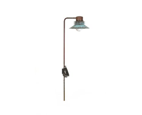 A Danish copper outdoor light,in the manner of Henningsen, with a glass insert, on a metal mount,light 27cm diameter20cm high