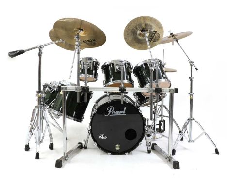 A Pearl Masters Custom drum kit,comprising a bass drum, 6 x toms, 1 x snare drum, 1 x hi-hat, assorted cymbals, a stool, with