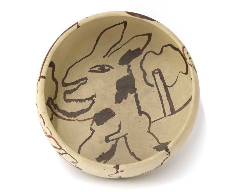 *Horst Antes (German, b.1936),a ceramic bowl,made by Horst Kerstan of Kandern, painted to the interior with a humanoid rabbit