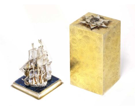 *A novelty silver-gilt and enamel 'Surprise' box,by Stuart Devlin, London 1977,'I Saw Three Ships', numbered 225, 7.2cm high 