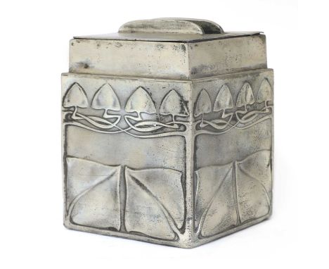 A Liberty Tudric tea caddy or biscuit box,early 20th century, designed by Archibald Knox for Liberty &amp; Co., stamped marks