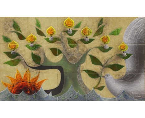 *Gilbert Valentin (French, 1928-2001)A glazed seven-tile picture, 1970s, depicting seven burning candles on a tree, with the 