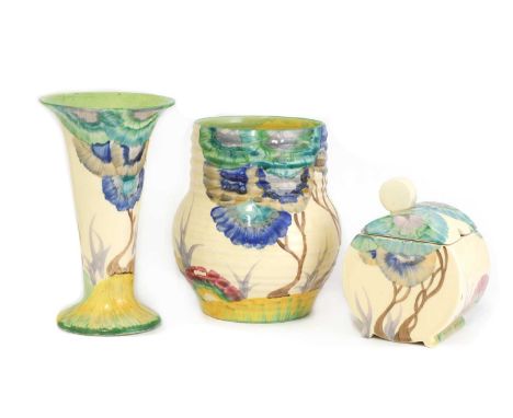A collection of Clarice Cliff 'Aurea' items,c.1930, designed by Clarice Cliff for Wilkinsons Pottery, comprising:a shape 280 