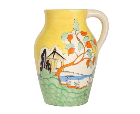 A Clarice Cliff 'Yellow Japan' Isis jug,with a stylised garden scene with trees before a pagoda beneath a yellow sky, with a 