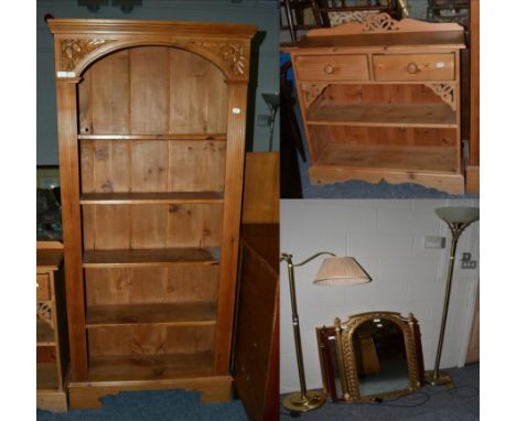 Pine open bookcase; pine low bookcase; four decorative mirrors; an up-lighter; and standard lamp