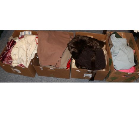 Assorted costume including gents breeches, three red wool hunting waistcoats, silver tipped fox stole, other furs, cream wool