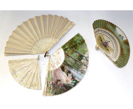 Late 19th/early 20th century fans including a fan with mother of pearl sticks and guards with floral decoration, a gauze moun