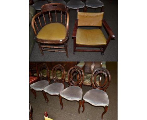 A set of four Victorian walnut dining chairs with green velvet seats, a child's leather and close nailed armchair and a late 