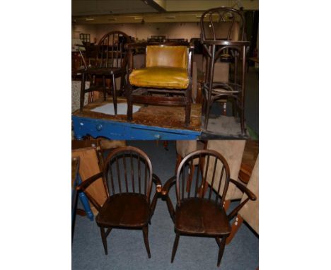 Set of three dark elm Ercol elbow chairs and a bentwood stool together with an early 20th century oak tub chair 