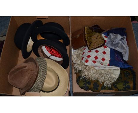 Three black bowler hats, panamas, assorted umbrellas, shooting stick, red and white patchwork panel, cream wool embroidered s