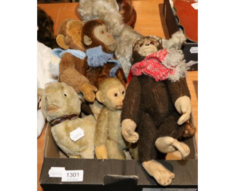 Assortment of soft toys, including a Merrythought jointed monkey, three others similar, clockwork monkey with cymbals, Chad V