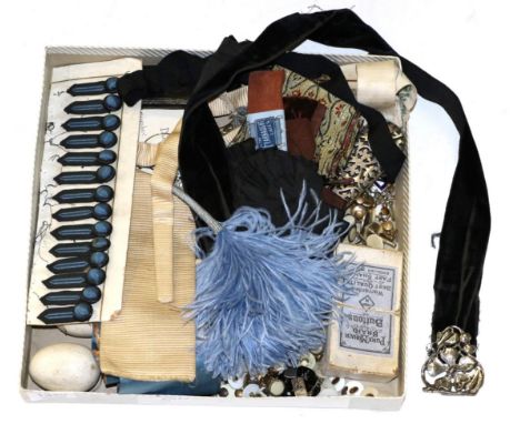 Assorted items including dress studs, cufflinks, blue ostrich feather hair piece, plated hinged belt, plated buckle, two pott