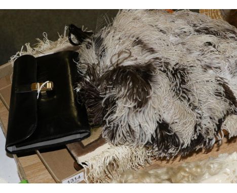 Early 20th century ostrich feather fan, EPNS pierced belt with leather mounts, plated mesh evening purse, Chinese buckle, Map