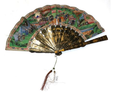 A late 19th century Chinese fan, with black and gold lacquered sticks and guards, with hand painted paper mount decorated wit