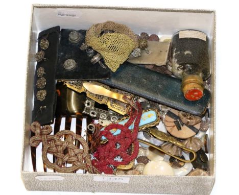 Costume accessories including two tortoiseshell buttons inlaid with initial 'N', filigree buttons, miser purse, miniature bea