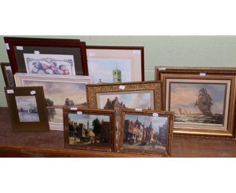 A group of 20th century oils on boards including a seascape, a rural scene, two Continental townscapes, together with a group