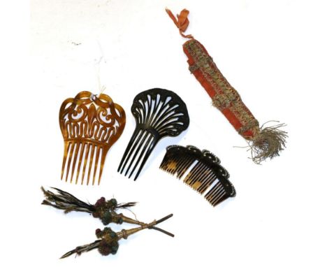 Assorted costume accessories, including an 18th century pink silk  rectangular 'sleeve/case' with kid leather lining, and sil