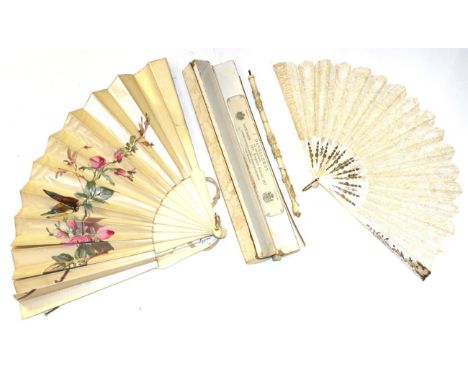 Early 20th century bone fan, with floral painted decoration (a.f.), in a card Duvelleroy fan box; mother of pearl fan with cr