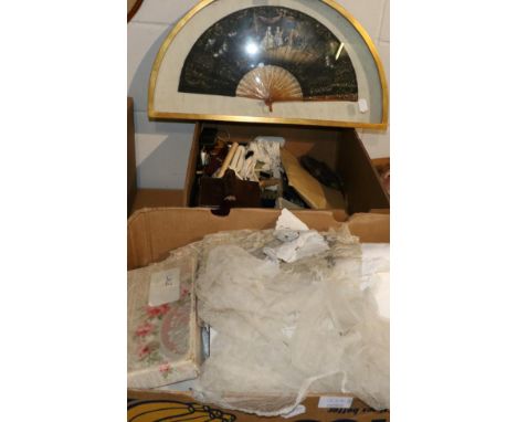 Assorted white linen cloths, napkins, placemats, lace, red cross folding stand, small box of sewing tools, framed horn type f
