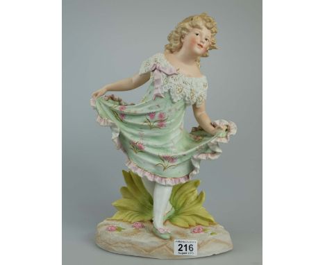 Continental unmarked Bisque figures of young girl curtsying 43cm tall