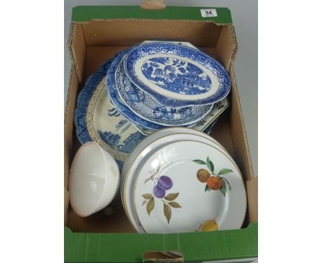A collection of blue and white pottery to include servers, plates, side plates together with Royal Worcester Evesham plates, 