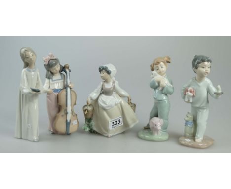 A collection of Lladro figures to include Nao girl holding buckets, girl holding candle, Nao boy holding candle, Nao girl pla