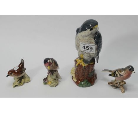 Beswick birds to include Chaffinch 991, Wren 993, Goldfinch 2273 and a Peregrine falcon whiskey decanter (4)