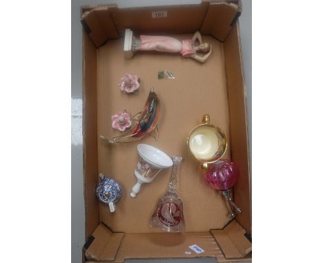 A collection of pottery & glassware items to include glass dolphin paperweight , Atomizer, mini Spode teapot, resin figure et