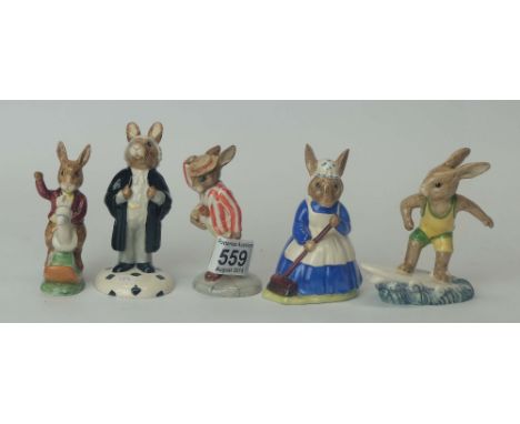 A collection of Royal Doulton Bunnykins to include Lawyer DB214, Clean Sweep DB6, Aussie Surfer DB133, Tally Ho! DB12 and Fat