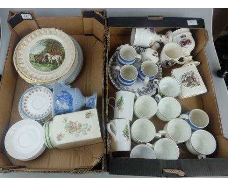 A collection of ceramic items including T and G green cornish ware cups, Royal Worcester commemorative  pieces, Wedgwood cups