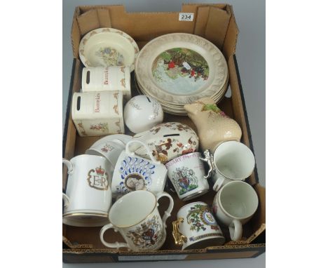 A collection of pottery to include Royal Doulton Bunnykins money boxes, oatmeal bowl, Royal Worcester Palissy Hunting scene p