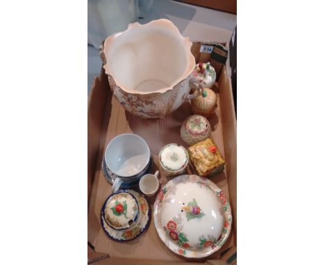 A collection of embossed ware including larger Crown Ducal Planter, embossed Jam pots from Bursley, Royal Grafton, Midwinter,