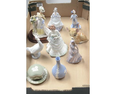 A collection of pottery including Wade Bambi, Nao Goose, Coalport Lady figures Alexandra, Charlotte, Renaissance figures and 