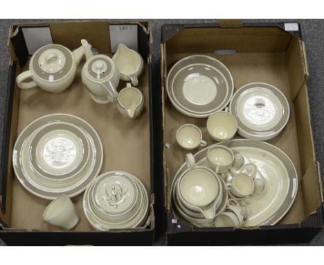 Under glazed hand painted Susie Cooper part dinner service to include dinner plates, teapots, cups, saucers, condiments sets 
