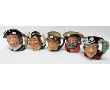Royal Doulton small character jugs Long John Silver D6335, Capt Henry Morgan D6469, Paddy D5753, Sancho Panca D6461 and Falst