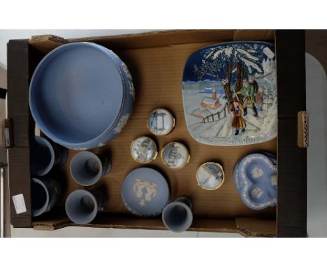 A collection of Wedgwood jasperware consisting of large footed bowl, vases, pin dishes , The Enamel collection pill boxes and