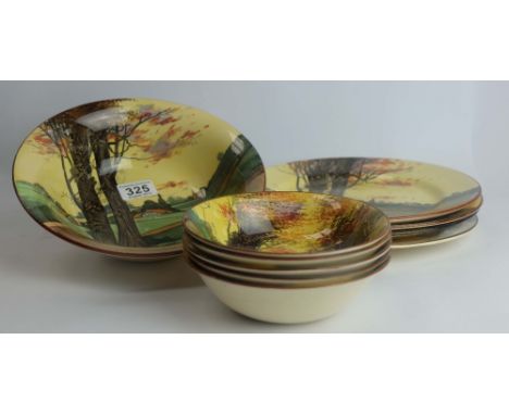 A collection of pottery to include Woodlands D4585 plates, Matching set of 6 saucers, fruit bowl and Haystack plate (11)