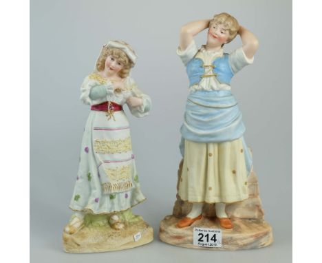 Continental unmarked Bisque figures of Peasant girls dancing tallest 31cm (2)