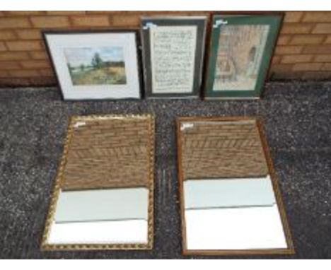 Mirrors, Pictures. Lot consisting of two bevel edge mirrors size 80x55cm, one pencil drawing possibly by J.Knaggs, one framed