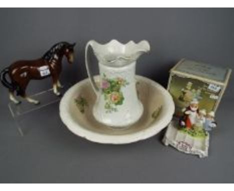 A boxed Yardley English Lavender soapdish, a ceramic model of a horse and a wash jug and bowl. [4]