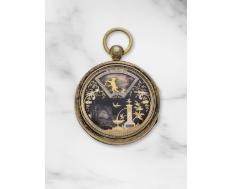 Ls. Duchene &amp; Fils. An unusual and rare gilt metal and enamel decorated key wind open face pocket watch with continuous a