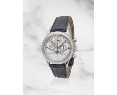 Roger Dubuis. A fine platinum bi-retrograde perpetual calendar manual wind chronograph wristwatch with moon phases and leap y