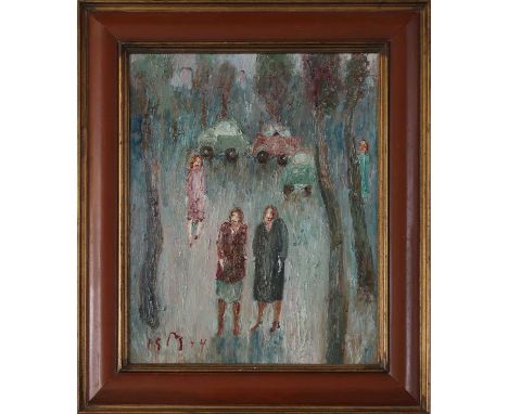 KURT MÜHLENHAUPT (1921 Klein Ziescht - 2006 Zehdenick) Öl auf Platte, "Straßenszene mit Figuren" (1944), unten links monogram