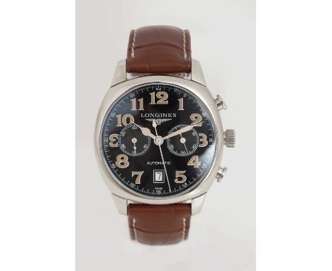 LONGINES Herrenarmbanduhr "Spirit Chronograph" Automatic, rundes Edelstahl-Gehäuse (D 40,5mm), schwarzes Zifferblatt mit arab