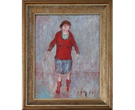 KURT MÜHLENHAUPT (1921 Klein Ziescht - 2006 Zehdenick) Öl auf Platte, "Frau in roter Jacke" (1987), unten rechts monogrammier