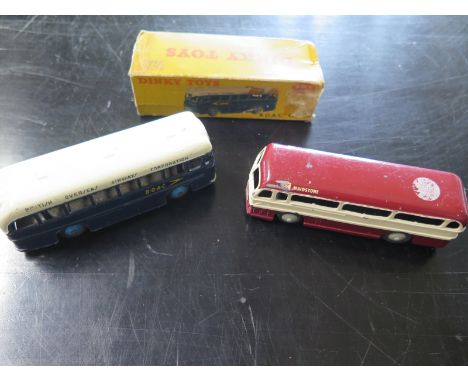 Two dinky coaches, one boxed No 203 in BOAC Livery and one Dimple Roadmaster Leyland Royal Tiger - bottom to Layland Royal lo