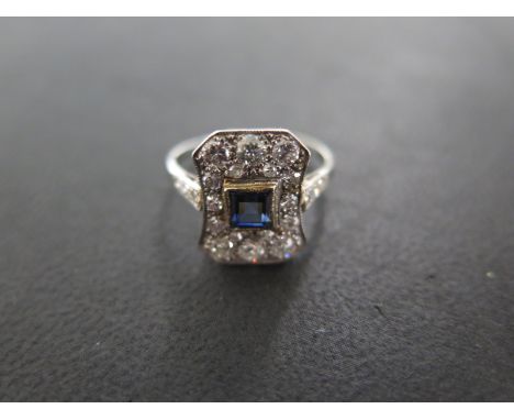 A white metal Art Deco style sapphire and diamond ring size N - approximately 2.7 grams - overall good stone - bright and lov