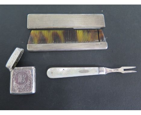 A Hallmarked Silver Vesta - Birmingham - 1897-98 - Silver Comb Holder and a Silver Pickle Fork - all in good condition