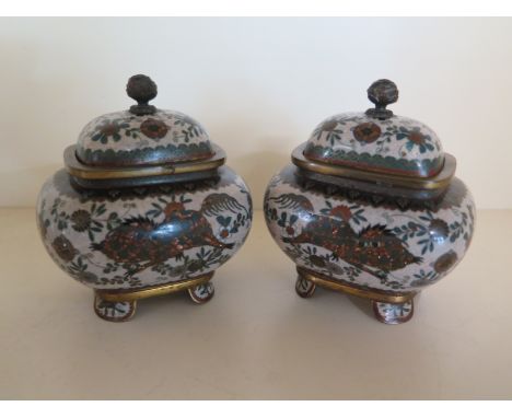 A pair of Cloisonne Lidded caskets - 11cm tall x 10cm x 8cm - one lid having a small knock - otherwise good condition to exte